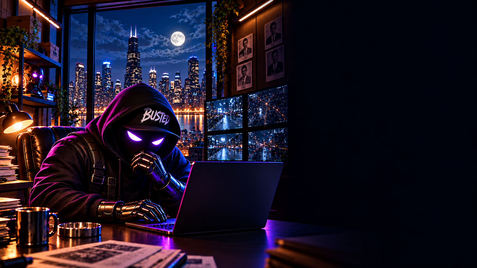 BUSTED, the purple-eyed hooded host, studying the evidence at a desk overlooking the city